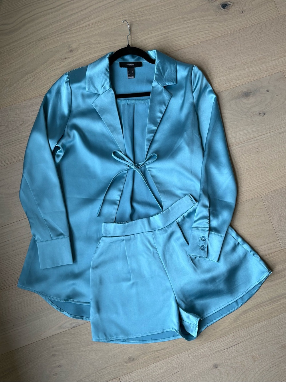 Forever 21 Aqua Satin Blazer-Style Top & Shorts Set